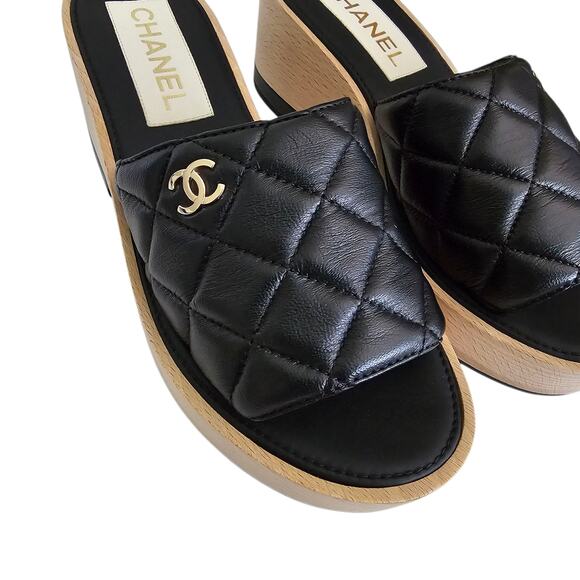 Chanel CC Wood Platform Sandal Slide Mule Size 39 US 8 8.5 Quilted Black Leather - Picture 4 of 15